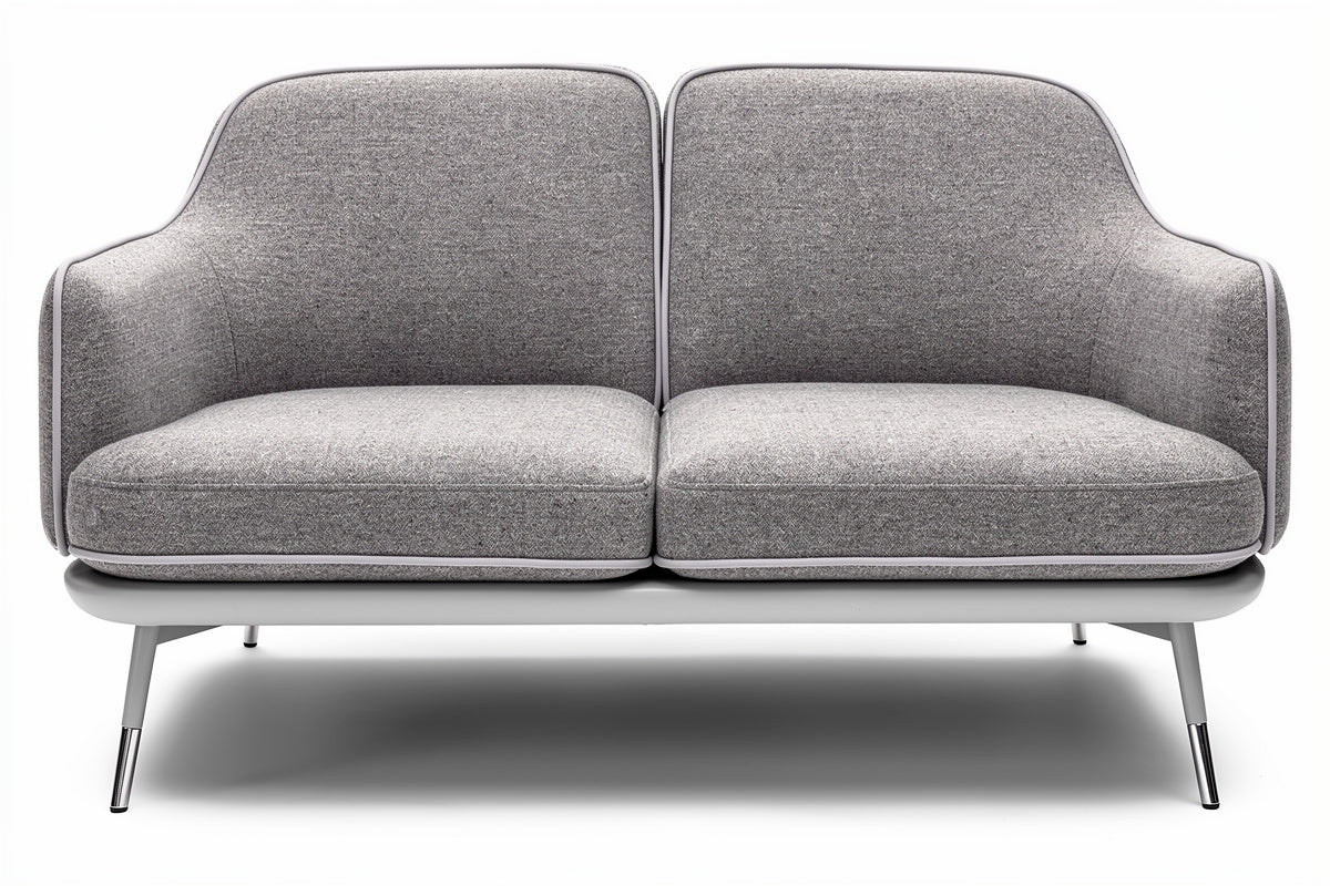 Sofa dwuosobowa z szarej tkaniny i metalowymi nogami